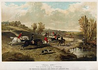 A hunting group jumping over fences and obstacles to follow their hounds through a valley. Chromolithograph after a painting by J. F. Herring.