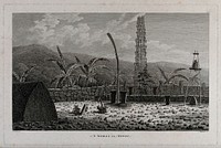A morai, place of burial and worship, in Atooi (Kauai); encountered by Captain Cook on his third voyage (1777-1780). Engraving by D. Lerpinière, 1784, after J. Webber.