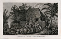 The inhabitants of the Hawaiian Islands offering to Captain Cook the sacrifice of a pig. Etching by S. Middiman and J. Hall, 1784, after J. Webber.