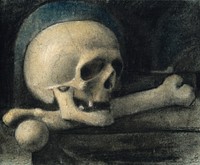 Skull, resting on a femur, in sepulchral setting. Coloured chalk drawing, 18--.