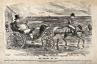 An overweight man being driven through the sea in a carriage drawn by a small thin man on a horse. Wood engraving by J. Leech.