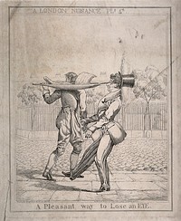 A young man who walks straight into a butcher delivery boy's meat tray (poking his eye out), while the boy looks the opposite way. Etching by Richard Dighton.