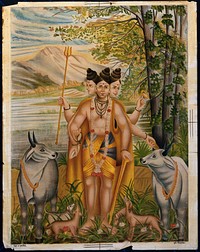 Dattatreya accompanied by his four dogs among cows. Chromolithograph.
