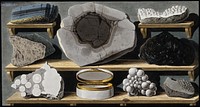 Specimens of stone and volcanic matter found on Mount Vesuvius, including lava enclosed in marble. Coloured etching by Pietro Fabris, 1776.