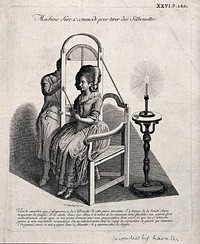 A man drawing the silhouette of a seated woman on translucent paper suspended in a frame and lit by a candle. Etching by J.R. Schellenberg, 1783.