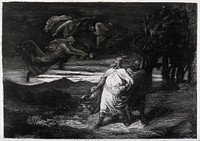 The three witches hover over Macbeth and Banquo . Etching.