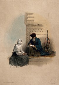 A Coptic Christian woman dictating a letter to a scribe, Cairo, Egypt. Coloured lithograph by Louis Haghe after David Roberts, 1849.