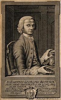 Johann Georg Roederer, professor of anatomy and midwifery at Goettingen, with left hand on glass jar containing foetus. Engraving by J.P. Kaltenhofer after himself.