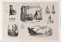 Soldiers at various stages of their careers, and in various situations. Etching by George Cruikshank.