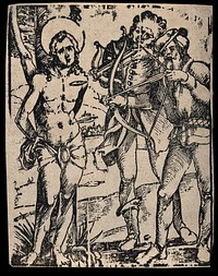 Martyrdom of Saint Sebastian. Woodcut.