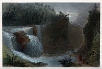 Geography: Trenton Falls, New Jersey, seen from a distance. Coloured engraving by J.T. Willmore, 1837, after W.H. Bartlett.