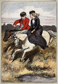 A lady and a gentleman galloping on their horses over a heath. Colour wood engraving by Dalziel.