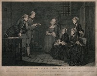 The family of Jean Calas sit listening to Alexandre Lavaysse reading a letter from Calas. Engraving by J.B. Delafosse after L.C. De Carmontelle.
