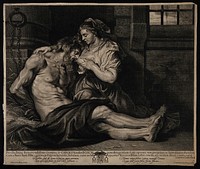 Pero breast-feeding her imprisoned father Cimon. Line engraving by C. van Caukercken after P.P. Rubens.