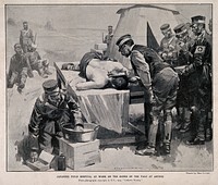 Russo-Japanese War: a man being treated on a table in an open-air Japanese field hospital, others watch. Halftone after M. Cowper, after a photograph, 1904.