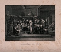 A Christian-Roman soldier is administered extreme unction by a priest. Etching by Beyer after N. Poussin.