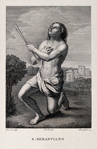 Saint Sebastian. Engraving by G. Buonafede after M. Orsi after G.F. Barbieri, il Guercino.