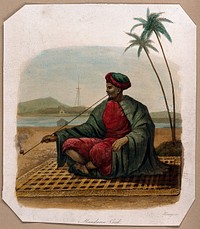 A Mandarin sits on a mat, smoking a long opium pipe. Coloured aquatint by S. Himely, c. 1820.