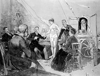 A doctor demonstrating electrotherapy on a young semi-nude woman in front of an audience of physicians , her mother or chaperone is seated at the front. Coloured pencil drawing by D. Urrabieta Ortiz y Vierge.