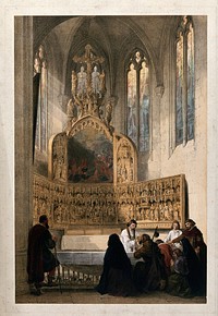 Pilgrims receiving the Eucharist in the chapel of Saint Dymphna at Gheel. Coloured lithograph by L. Haghe.