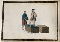 A man packs tea leaves down into a large wooden crate by stamping them with his feet; another pours more tea leaves into the crate. Painting by a Chinese artist, ca. 1850.