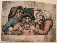 Three grotesque old men with missing teeth pointing and grimacing at each other. Coloured stipple engraving, 1810, after J. Collier.