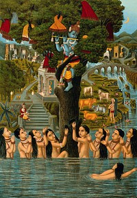 Krishna, playing the flute, seated in a tree with the milkmaids' clothes, while they, naked and in water gather around the tree begging for their clothes. Chromolithograph.