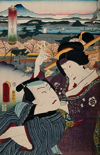 Two unidentified actors as a pair of lovers in a pose suggesting an erotic encounter; a panoramic view of Fuji from Mukōjima Akiba in the background. Colour woodcut by Kunisada, 1860.