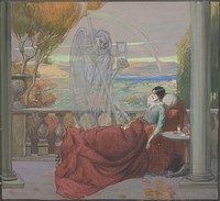 A sickly young woman sits covered up on a balcony; death (a ghostly skeleton clutching a scythe and an hourglass) is standing next to her; representing tuberculosis. Watercolour by R. Cooper, ca. 1912.