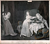 As a young man kisses a young lady's hand, another woman shuts the door fast to prevent an older man (father of the first woman) from gettting into the room. Engraving by Petit, 179-, after L. Boilly.