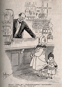 A child misunderstanding a chemist. Wood engraving after T. Wilkinson.