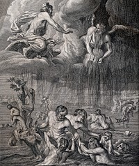 Gods watch from the heavens as the Flood engulfs the terrified people of Earth. Etching.