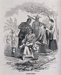 Barbers dressing hair in a clearing. Wood engraving.