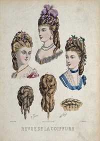 The heads of three women wearing chignons decorated with flowers, ribbons and feathers, attached to their natural hair, above; two chignon pieces and a hair-piece below. Coloured engraving, 1875, after E. Thirion.