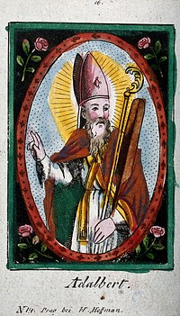 Saint Adalbert of Prague. Coloured engraving.