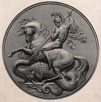Saint George on horseback, naked and wearing a helmet, fighting the dragon. Stipple engraving by W. Roffe after F.R. Roffe after W. Wyon, ca. 1851.