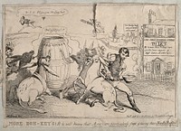 Four donkeys inhaling foetid gas and having their backs scrubbed with vitriol; representing John St. John Long's fatal method of therapy. Etching by H. Heath, 1830.