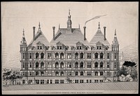 The North London Hospital for Consumption and Diseases of the Chest: elevation view of the garden facade with balconies indicated, people walking among trees at ground level. Process print by Sprague & Co., ca.1879, after A. Howard.