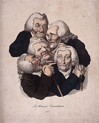 Five decrepit doctors crushed together in consultation. Coloured stipple engraving after L. Boilly, c. 1823.