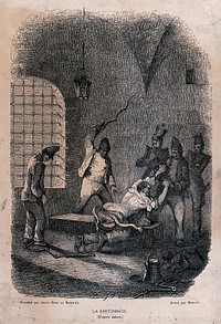 A manacled prisoner is stripped to the waist and restrained by prison warders while he is beaten with a lash. Wood engraving by F. Rouget after J. Noel and Rambert.