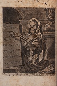 A skeleton as memento mori. Etching.