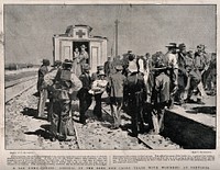 Boer War: arrival of a Boer Red Cross train with the wounded at Pretoria. Reproduction of a sketch by F. de Haenen after a photograph.