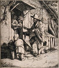 A spectacles vendor showing his wares to an old woman on her doorstep. Etching by D. Deuchar, 1784, after A. van Ostade.
