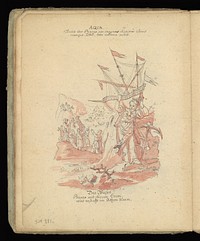 Allegory of water: a woman holding a ship on her shoulders; Moses leading Israelites out of Egypt while Pharaoh and the Egyptians drown. Drawing, ca. 1740.