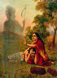 Savitrī pleading with Yama for her husband, Satyavān's life. Chromolithograph by R. Varma.
