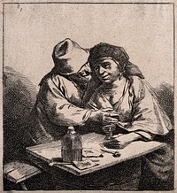 A man has his arms around a woman who is sitting at a table with a glass in her hand. Etching.