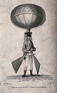 A man with a balloon and rudders strapped to him. Engraving by P. Rothwell after De Bruyn.