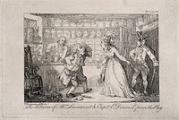 Mrs Lavement arriving back home late after the theatre with Captain O'Donnel causing Mr Lavement (an apothecary) much anger and jealousy, Roderick Random apprentice to Mr Lavement watches the scene with amusement. Etching by T. Rowlandson after himself after T. Smollett.