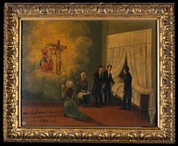 Votive picture: a woman praying to the Virgin and to Christ crucified for a person in bed attended by physicians . Oil painting.