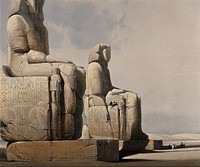 Colossal statues of Memnon (Pharaoh Amenhotep III), Thebes, Egypt. Coloured lithograph by Louis Haghe after David Roberts, 1849.